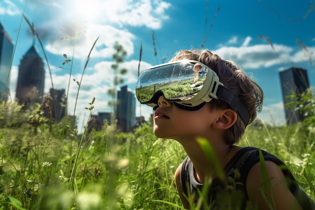 Niño con gafas VR en medio de un fondo futurista de pradera verde