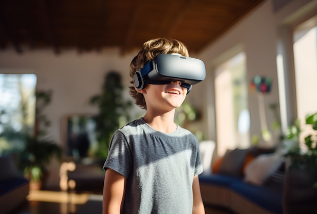 niño con gafas vr en la sala de estar con una sonrisa