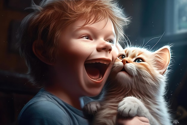 Un niño y un gato se abrazan