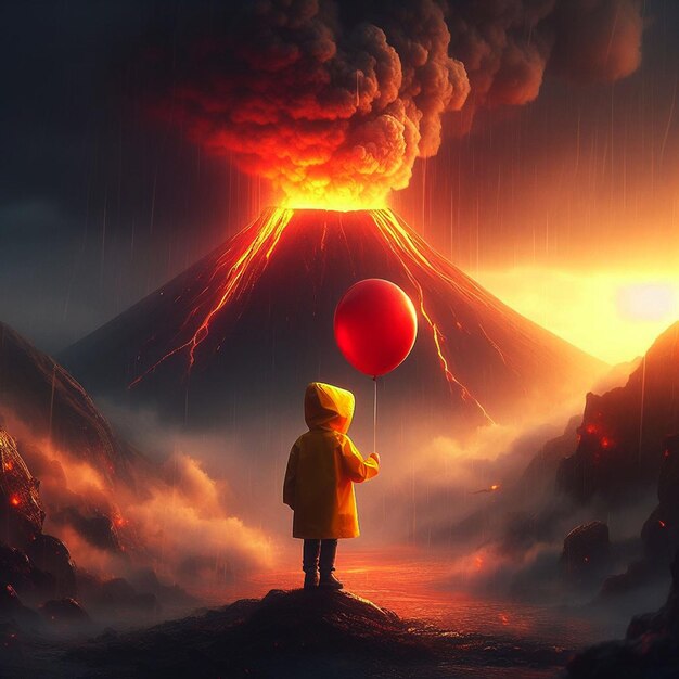 Foto un niño con un globo mirando un volcán generado por ai