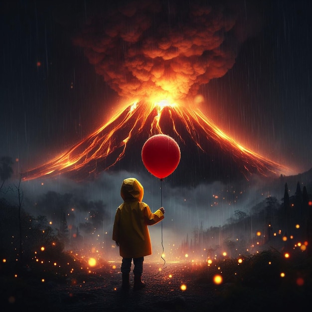 Foto un niño con un globo mirando un volcán generado por ai