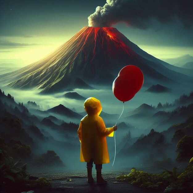 Foto un niño con un globo mirando un volcán generado por ai