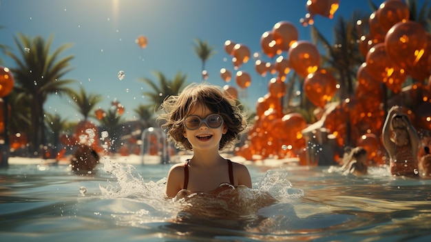 niño con globos en el agua