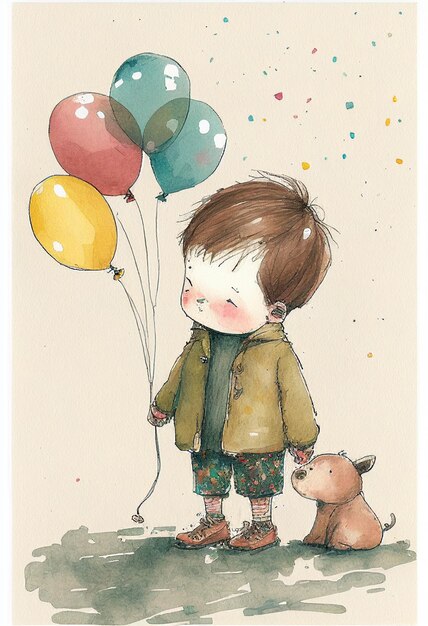 Niño con globos y tarjeta postal vintage de perro generada por IA