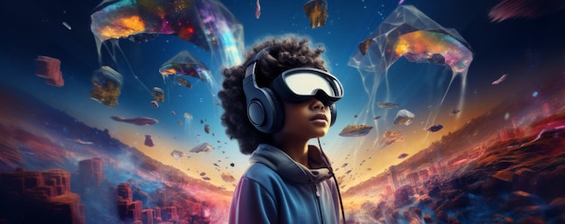 El niño con los Googles de realidad virtual futurista está explorando el mundo con la sensación de estar en el espacio.