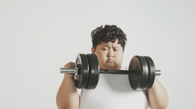 Foto niño gordo obeso con manivela aislado en fondo blanco dieta y ejercicio para ir ia generativa