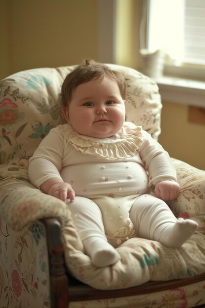 Niño gordo sonriente sentado en una silla con sobrepeso