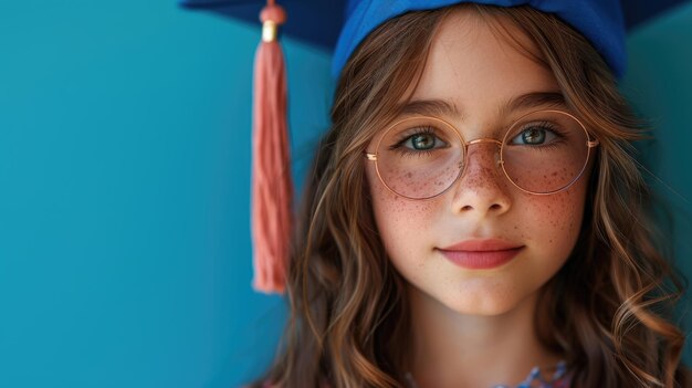 Niño con gorra de graduación y gafas redondas con fondo azul