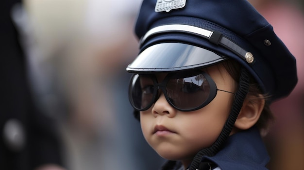 Un niño con gorra de policía y gafas de sol.