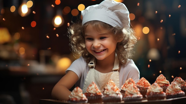 Niño con gorro y delantal de chef decorando con entusiasmo cupcakes con chispitas de colores