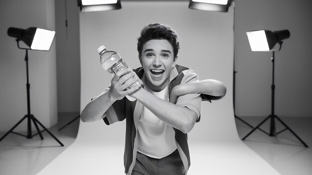 Foto niño gracioso con botella de agua en el estudio