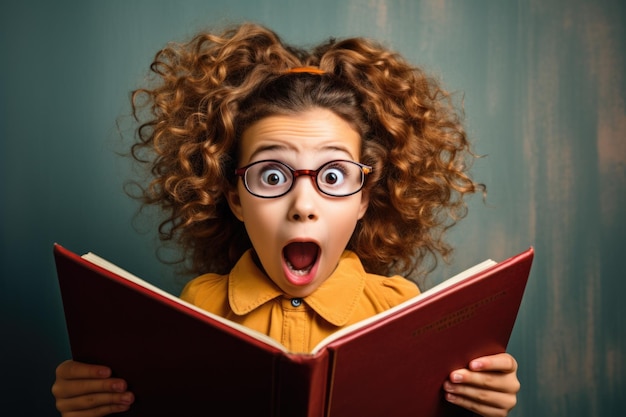 Un niño gracioso con gafas apuntando hacia la pizarra Niño de la escuela primaria con un libro