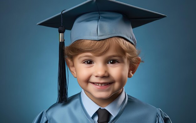 Foto niño graduado sonriente con gorra y bata