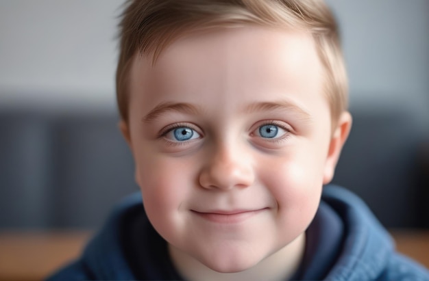 Foto un niño con grandes ojos azules y una sonrisa en la cara retrato de un niño mirando la cámara de cerca