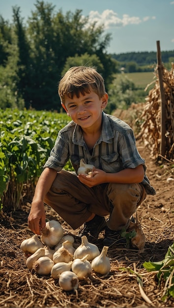Un niño de la granja en una eco granja está cosechando los cultivos en un hermoso día soleado