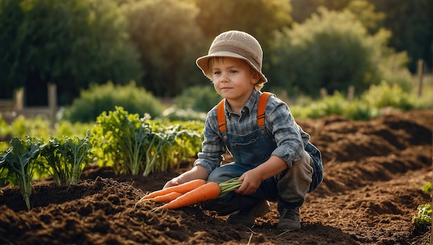 El niño de la granja en la granja ecológica está cosechando zanahorias en un hermoso día soleado
