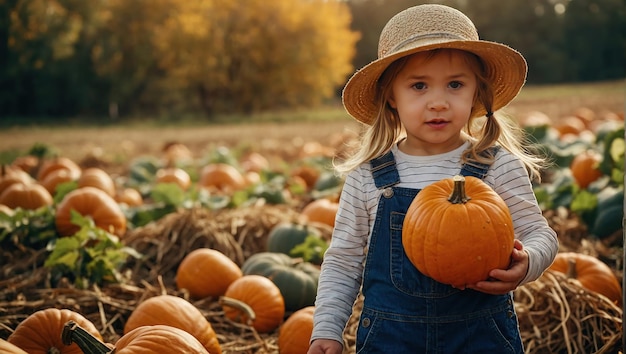 Un niño granjero en una ecofarma recogiendo calabazas en un hermoso día soleado