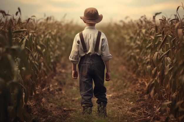 Niño granjero estadounidense en el campo de maíz Generar Ai