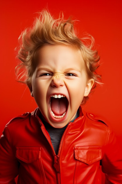 Un niño gritando de frustración aislado en un fondo de gradiente rojo ardiente