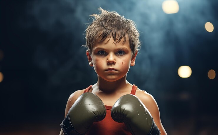 Niño con guantes de boxeo en el ring o en el gimnasio Entrenamiento de boxeador Deporte y estilo de vida saludable Concepto