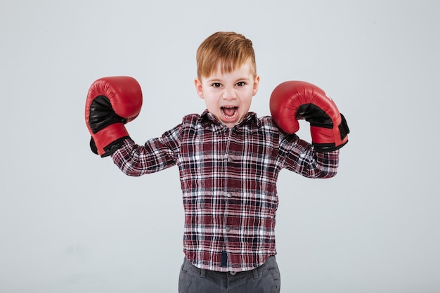 Niño con guantes de boxeo rojos de pie con las manos levantadas y gritando sobre la pared blanca