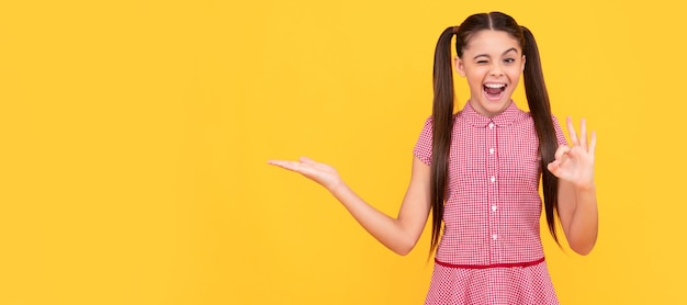 Niño guiñando el ojo presentando espacio de copia de producto ok publicidad de niña adolescente sobre fondo amarillo Cartel horizontal de cara de niño adolescente niña retrato banner con espacio de copia