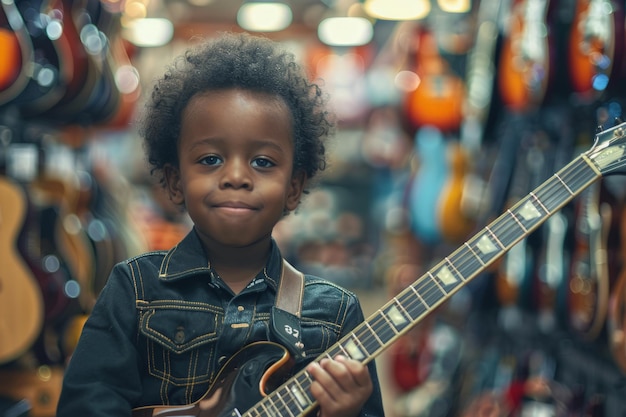 Niño con una guitarra en la tienda