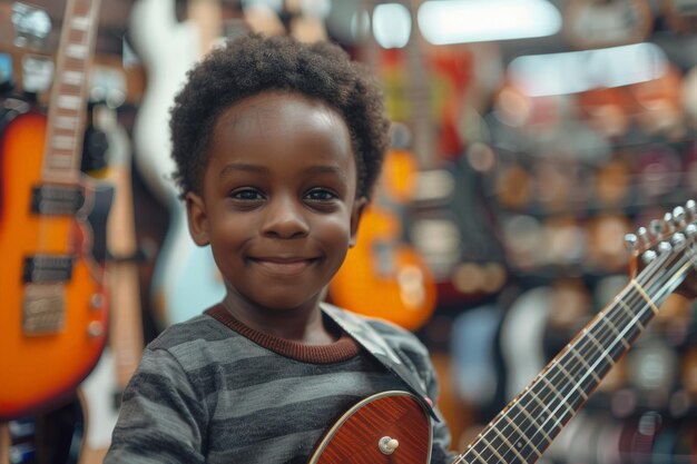 Niño con una guitarra en la tienda