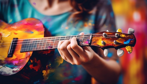 Niño guitarrista toca las cuerdas aprendiendo creatividad y habilidades generadas por IA