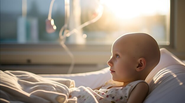 Niño en la habitación del hospital superando el cáncer