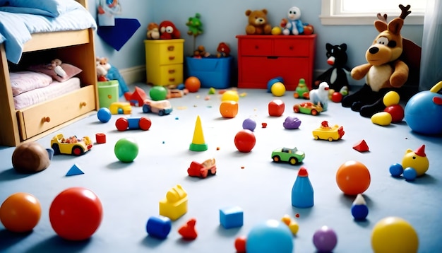 un niño en una habitación con juguetes y juguetes en el suelo