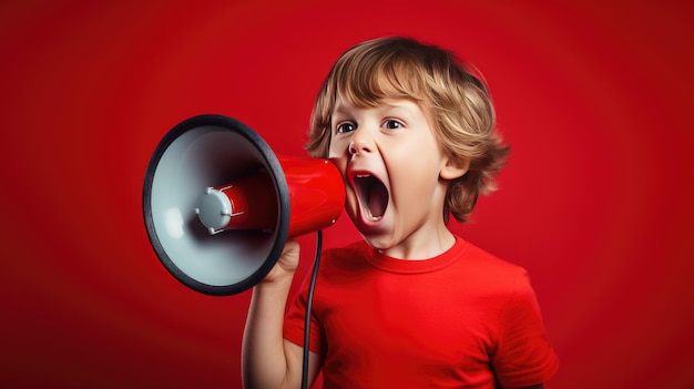 Un niño habla en un altavoz aislado sobre un fondo rojo