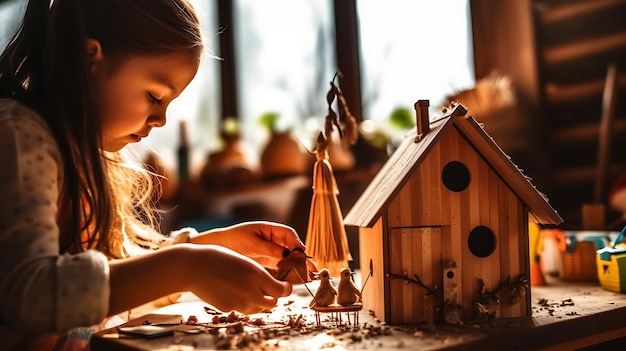 El niño hace una casa de pájaros de madera con sus propias manos.