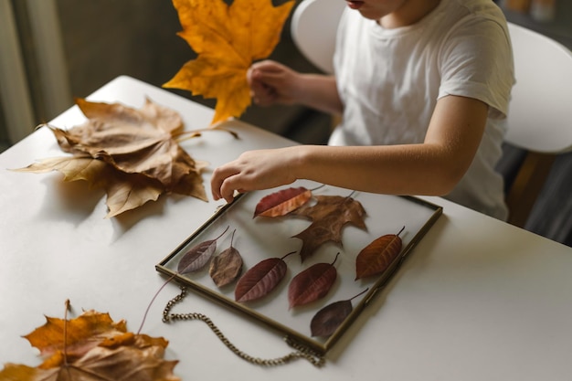 El niño hace una composición con hojas en un marco de vidrio mientras está sentado en casa en la cocina. Concepto de infancia feliz. Los niños juegan.