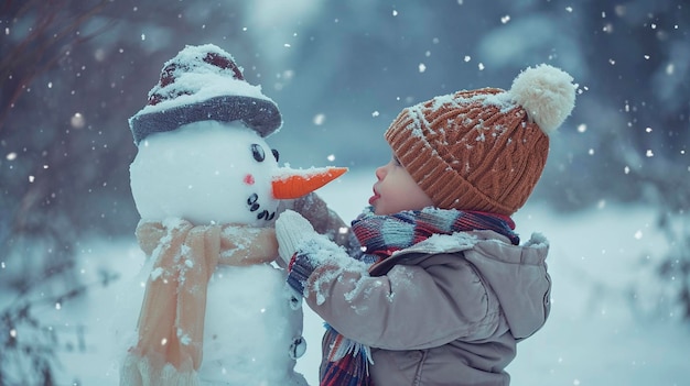 Un niño hace un muñeco de nieve en el parque enfoque selectivo