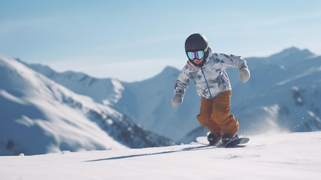 Un niño va a hacer snowboard.