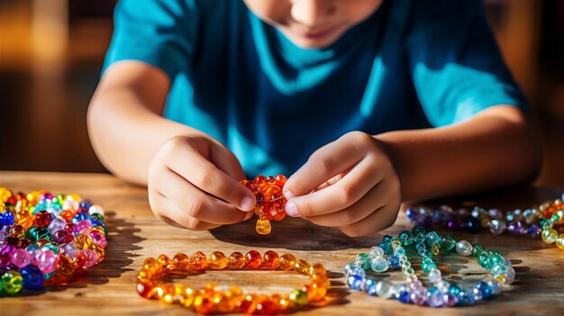 Niño haciendo artesanía con cuentas un collar de colores y creatividad en la fabricación