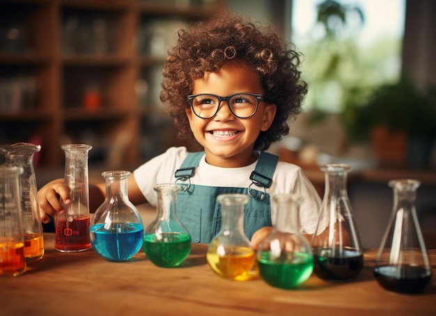 Un niño haciendo experimentos en el laboratorio Explosión en el laboratorio Ciencia y educación