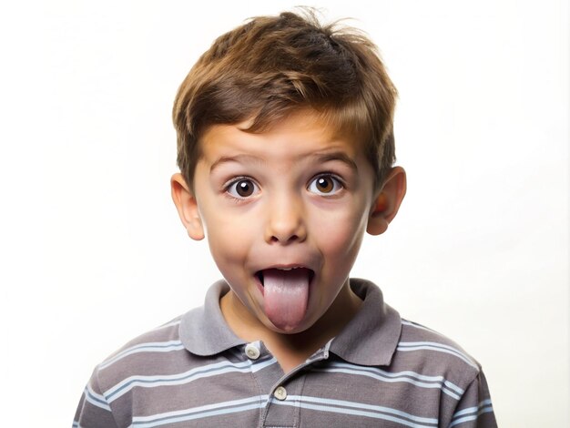 Foto un niño haciendo una expresión burlona con la lengua fuera y las cejas levantadas