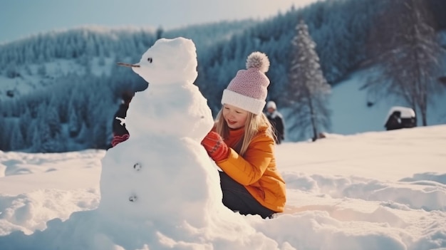 Un niño haciendo un muñeco de nieve Un niño haciendo un muñeco de nieve Placer familiar al aire libre durante las vacaciones de Navidad en las montañas con niños y niñas jugando en la nieve GENERAR IA