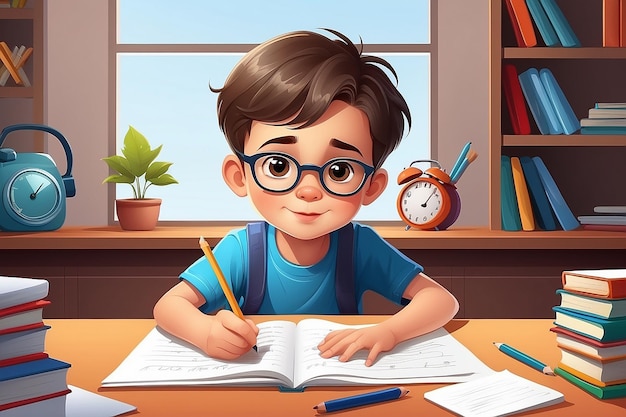 Niño haciendo la tarea leyendo y escribiendo en su escritorio