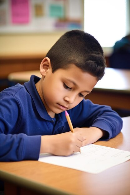 Niño haciendo la tarea en su escritorio en un aula escolar creada con ai generativa