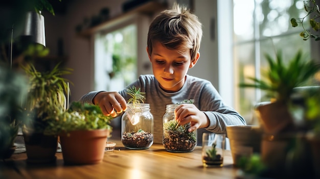 Niño haciendo terrario en casa cultivando la creatividad con frascos de vidrio