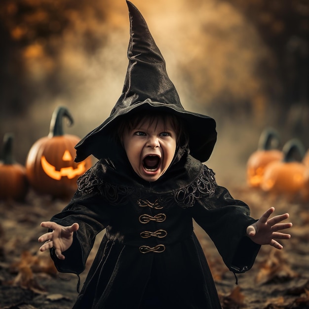 Niño de Halloween y calabaza aterrador