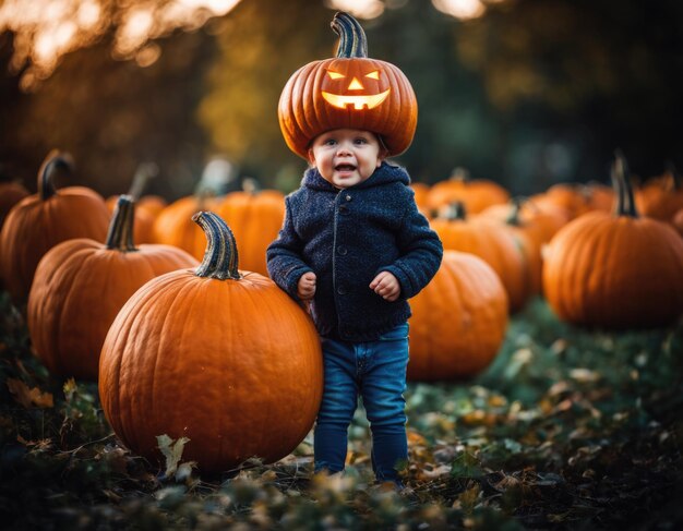 Niño de Halloween con una ilustración de IA de calabaza