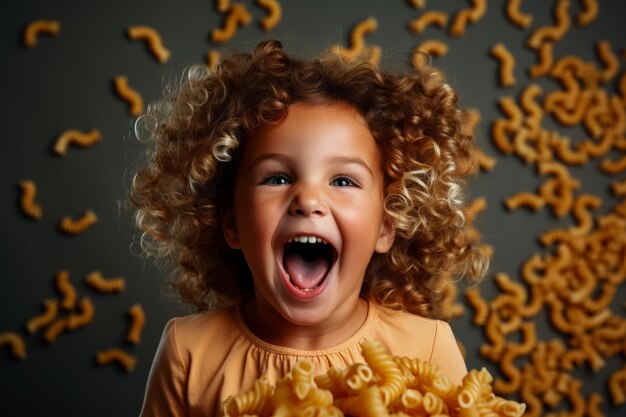 Niño hambriento saboreando la delicia de la pasta como Macaroni Munch