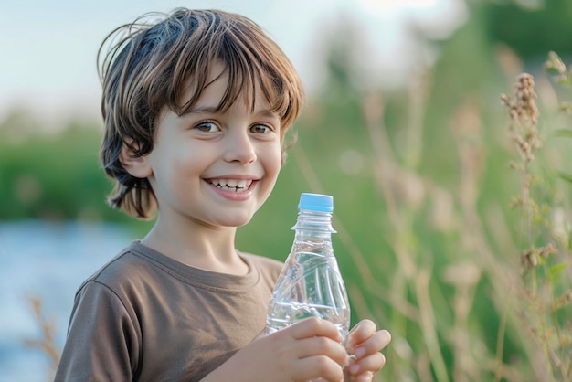 Niño hermoso con una botella de agua en la mano