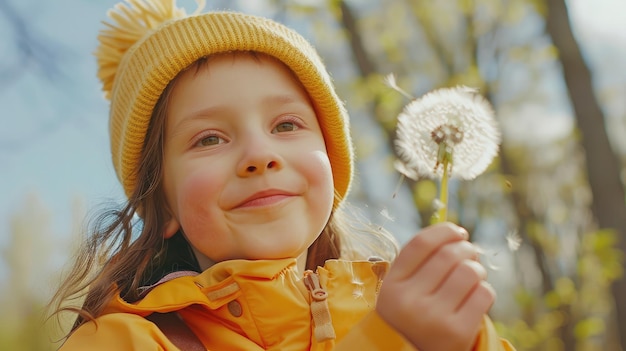 Niño hermoso con flor de diente de león en el parque de primavera Niño feliz divirtiéndose al aire libre