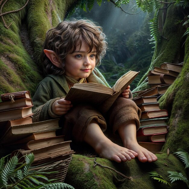 Foto un niño hobbit está sentado en un árbol con un libro en las manos