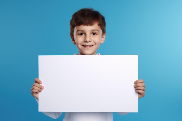 Foto niño con una hoja blanca en blanco